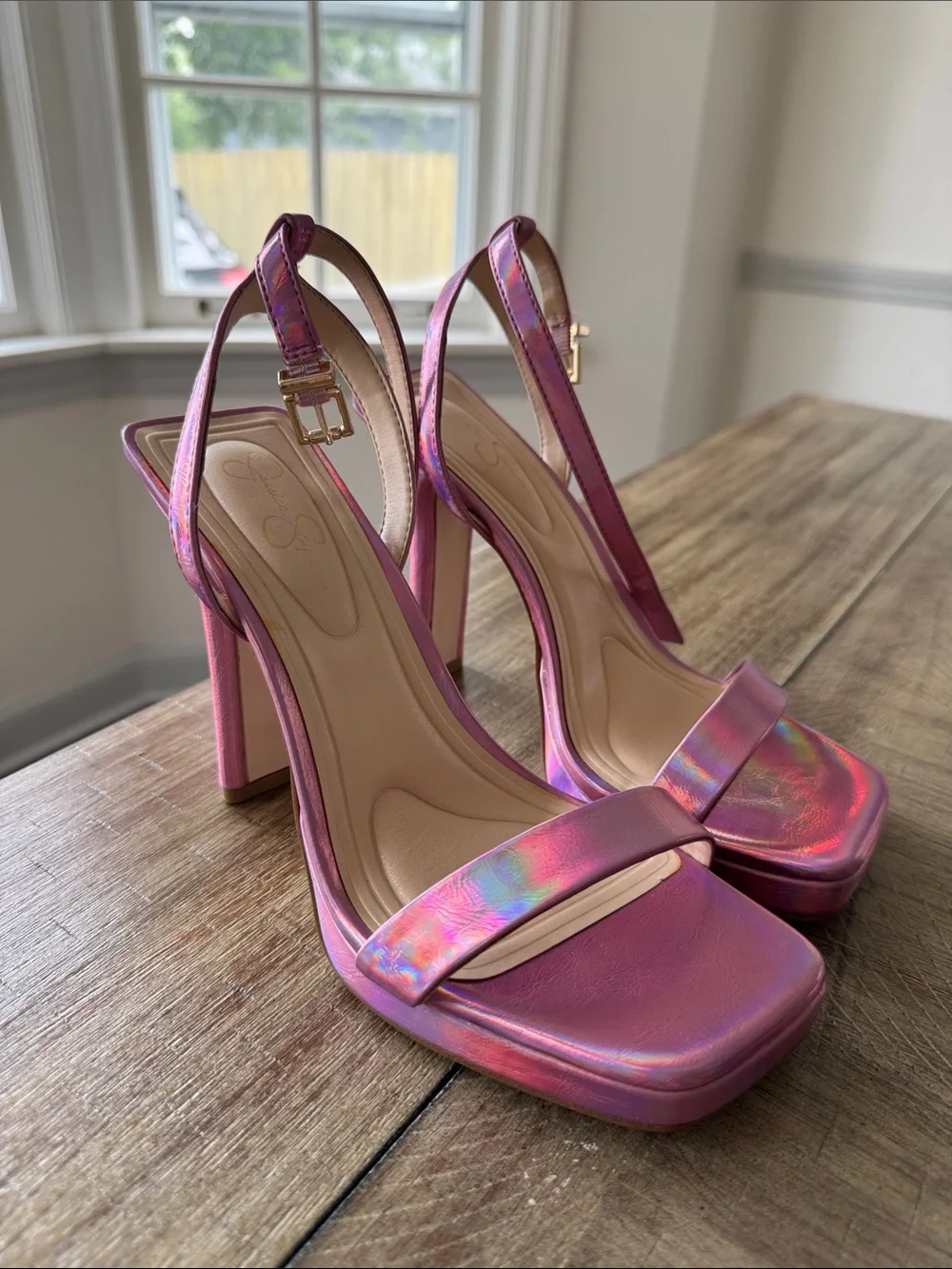 Jessica Simpson Iridescent Pink Platform Slingback Heels
